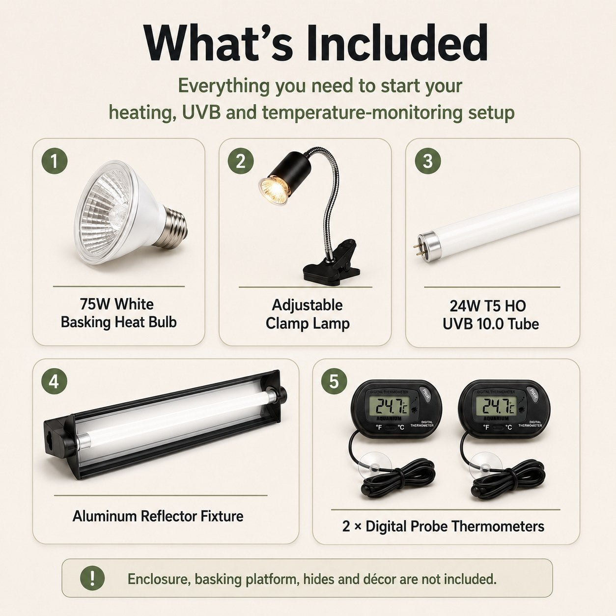 Starter kit contents with basking bulb clamp lamp T5 UVB fixture and thermometers
