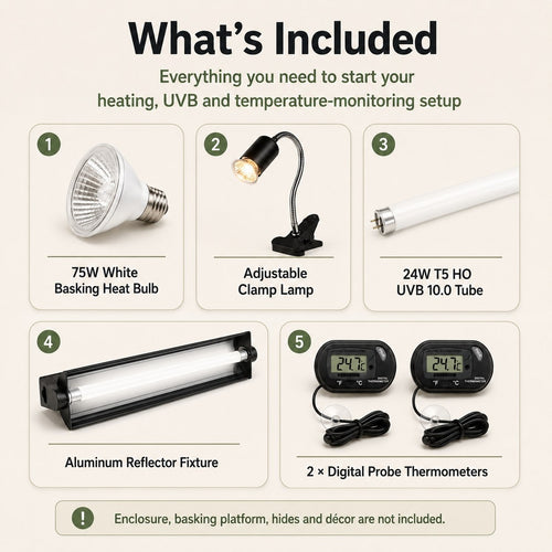 Starter kit contents with basking bulb clamp lamp T5 UVB fixture and thermometers