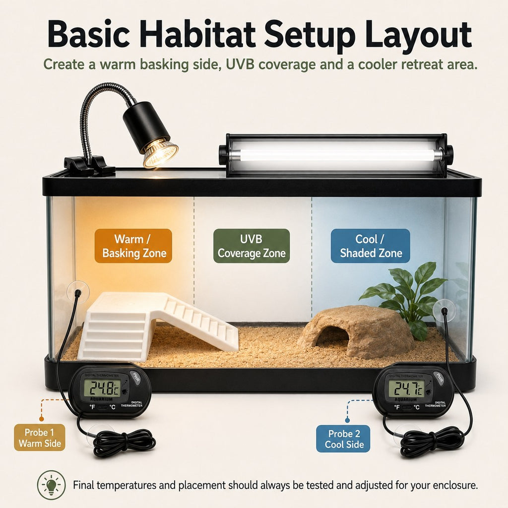 Bearded dragon warm UVB and cool zone habitat setup diagram