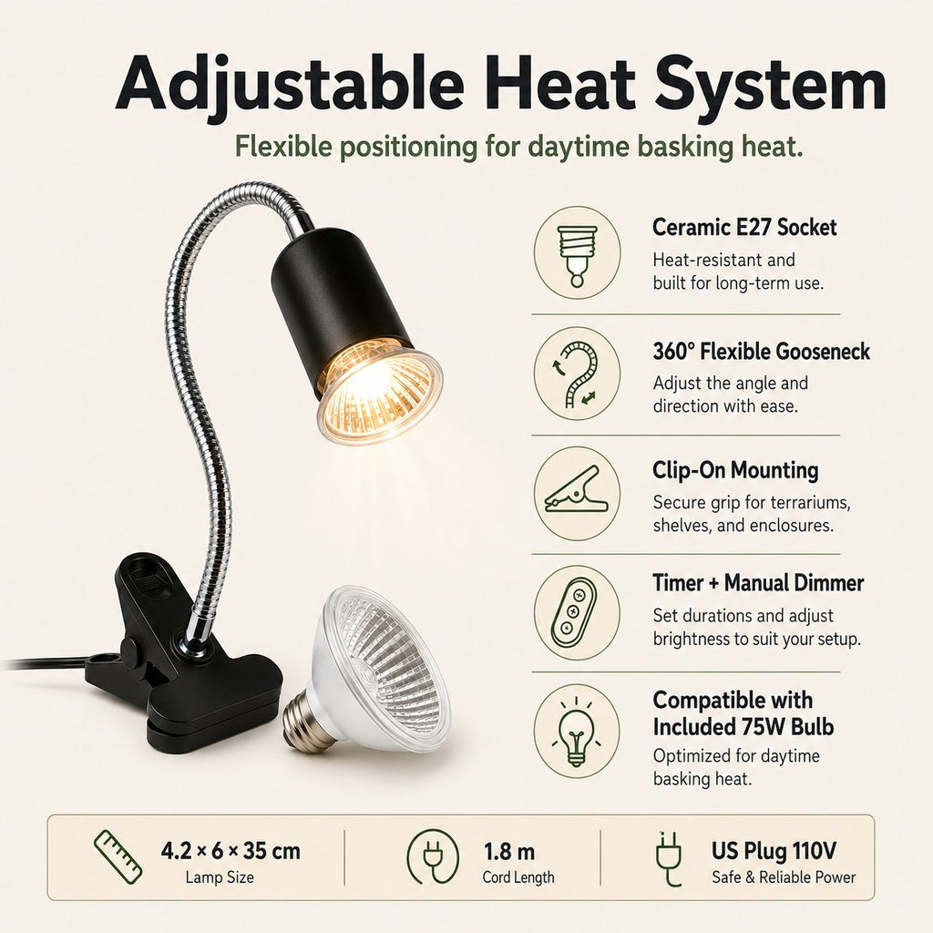 Adjustable ceramic socket reptile clamp lamp with timer and dimmer