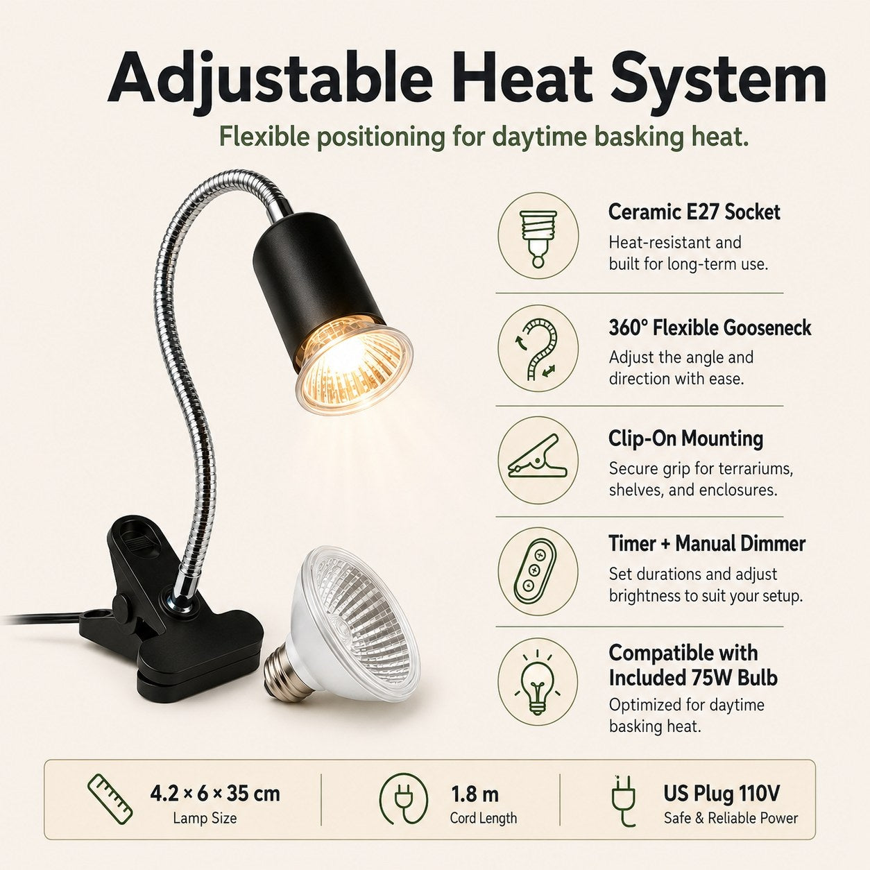 Adjustable ceramic socket reptile clamp lamp with timer and dimmer