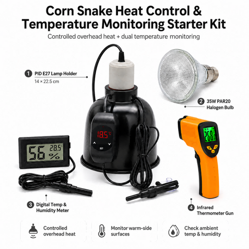 Corn Snake Heat Control & Temperature Monitoring Starter Kit shown on a white background with labeled components: a black PID lamp holder, a 35W PAR20 halogen bulb, a digital temperature and humidity meter, and an orange infrared thermometer gun.