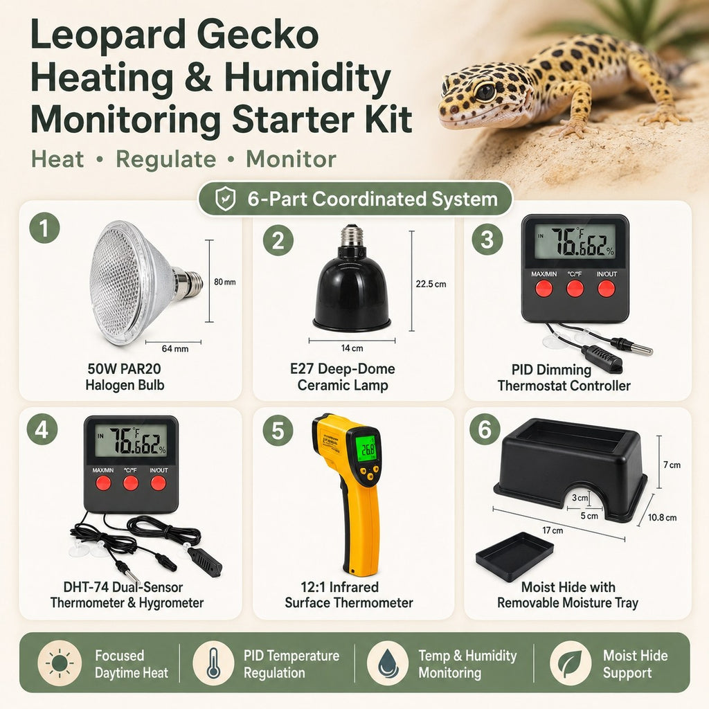 A product kit infographic for a Leopard Gecko Heating & Humidity Monitoring Starter Kit, showing six included components numbered 1 through 6 on a light beige background with a small leopard gecko photo in the top right.
