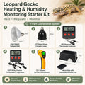 A product kit infographic for a Leopard Gecko Heating & Humidity Monitoring Starter Kit, showing six included components numbered 1 through 6 on a light beige background with a small leopard gecko photo in the top right.