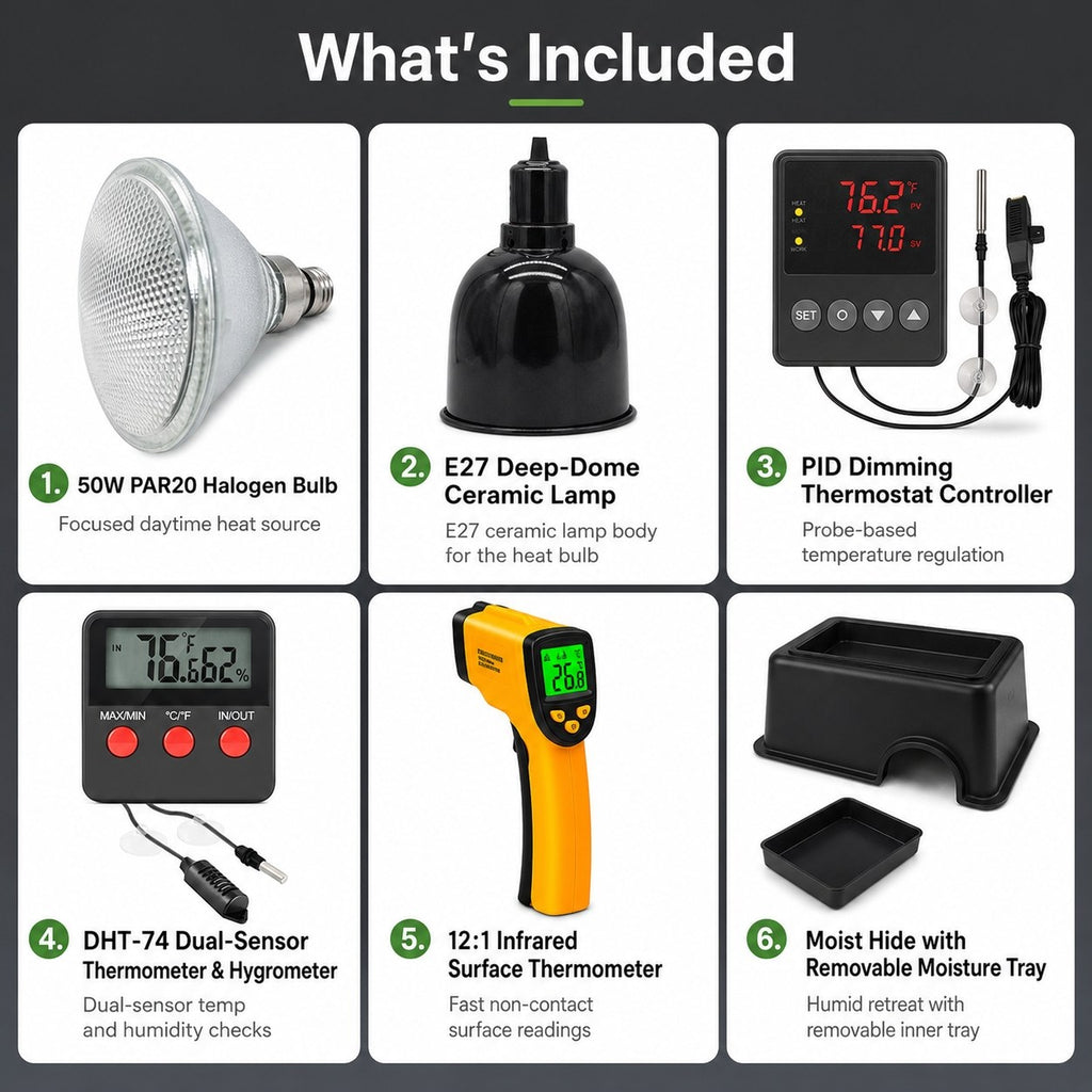 A 6-panel 'What's Included' infographic showing the items in a heat lamp kit: a 50W PAR20 halogen bulb, an E27 deep-dome ceramic lamp, a PID dimming thermostat controller, a DHT-74 dual-sensor thermometer and hygrometer, a 12:1 infrared surface thermometer, and a black humidifier tray.