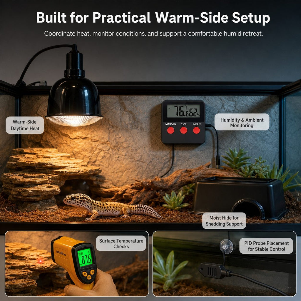 A terrarium setup infographic with a lizard inside a heated enclosure, labeled callouts for warm-side heat, humidity and ambient monitoring, moist hide support, surface temperature checks, and PID probe placement. Text at the top reads 'Built for Practical Warm-Side Setup.