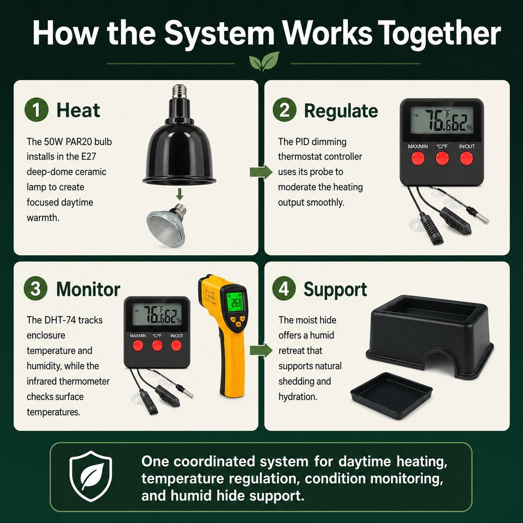 An infographic titled 'How the System Works Together' with four numbered panels explaining a daytime heating and humidification system. Panel 1 shows a 50W PAR20 bulb installed in an E27 lamp, labeled 'Heat.