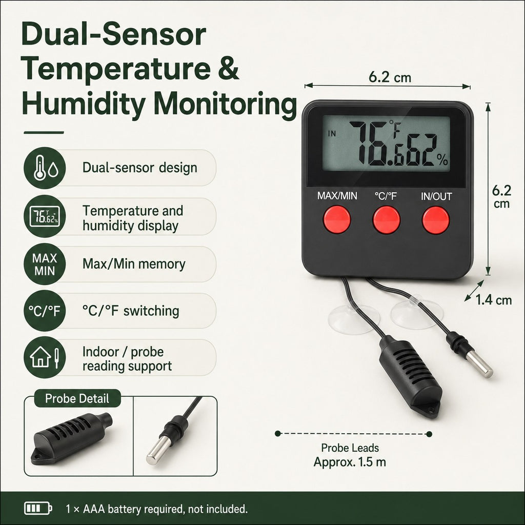 Digital dual-sensor temperature and humidity monitor with dimensions, feature callouts, and probe detail on a light background.
