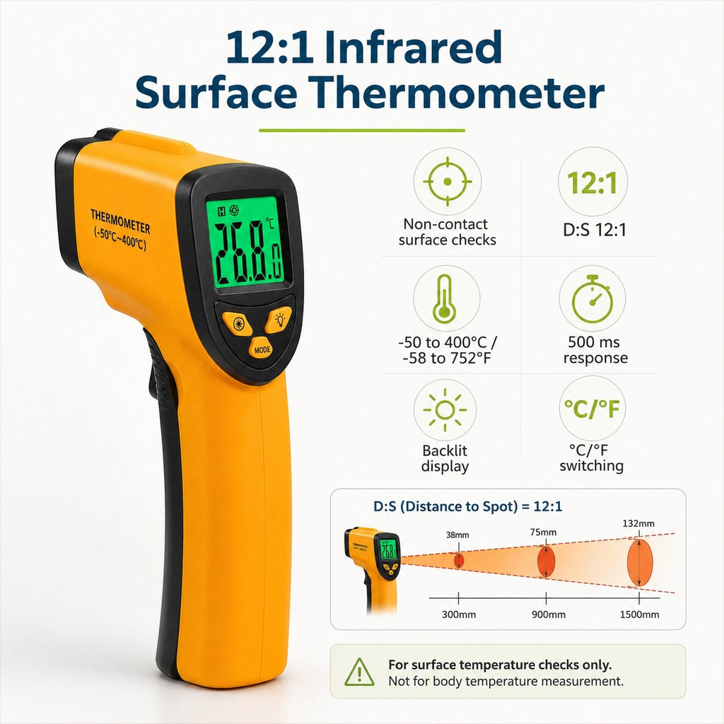 Yellow and black 12:1 infrared surface thermometer shown on a white background with feature callouts and a red-fleck range diagram. Text highlights non-contact surface checks, 12:1 ratio, -50 to 400°C / -58 to 752°F, 500 ms response, backlit display, and °C/°F switching.
