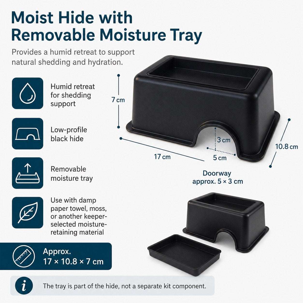 Product information graphic for a black plastic hide with a removable moisture tray, showing dimensions, feature callouts, and a small inset of the tray on a light gray background.